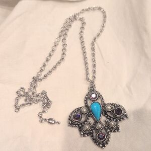 Sarah Coventry Silver Necklace with Turquoise and Purple Accents